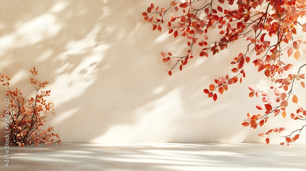 Poster background shadow studio autumn beige plant overlay podium 3d white light design table product room 