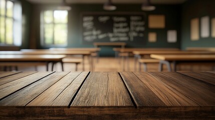 Wooden board empty table background On the blurred background of the empty classroom : Generative AI