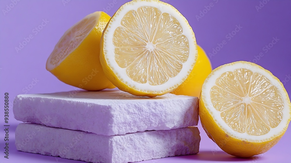 Poster Against the purple background fresh lemon and lemon slices decorated with blocks of stone and empty podium Lemon is a versatile fruit that is responsible for several health benefits : Generative AI