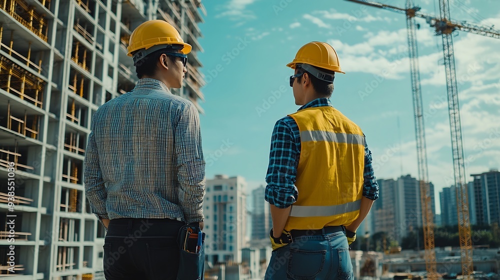 Leinwandbilder Civil engineer with personal safety equipment checking and consult with construction site foreman technician for inspect building construct process during follow up process Engineering : Generative AI