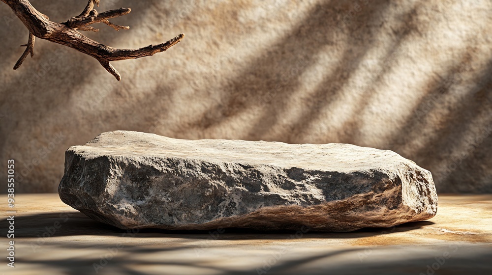 Poster empty stone podium with lights and shadows on brown background minimal backdrop round natural rock a
