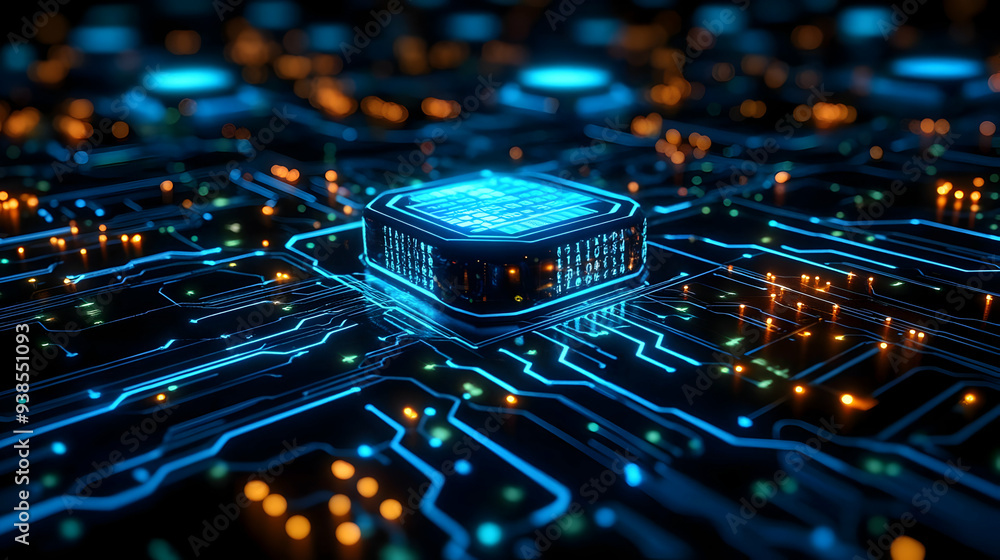 Poster futuristic circuit board with glowing cpu.