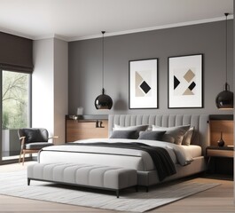 Modern bedroom interior with stylish furniture and decor