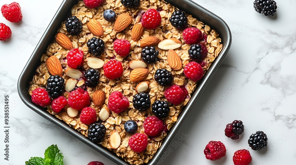 Poster tasty baked oatmeal with berries and almonds in baking tray on white tiled table top view : generati