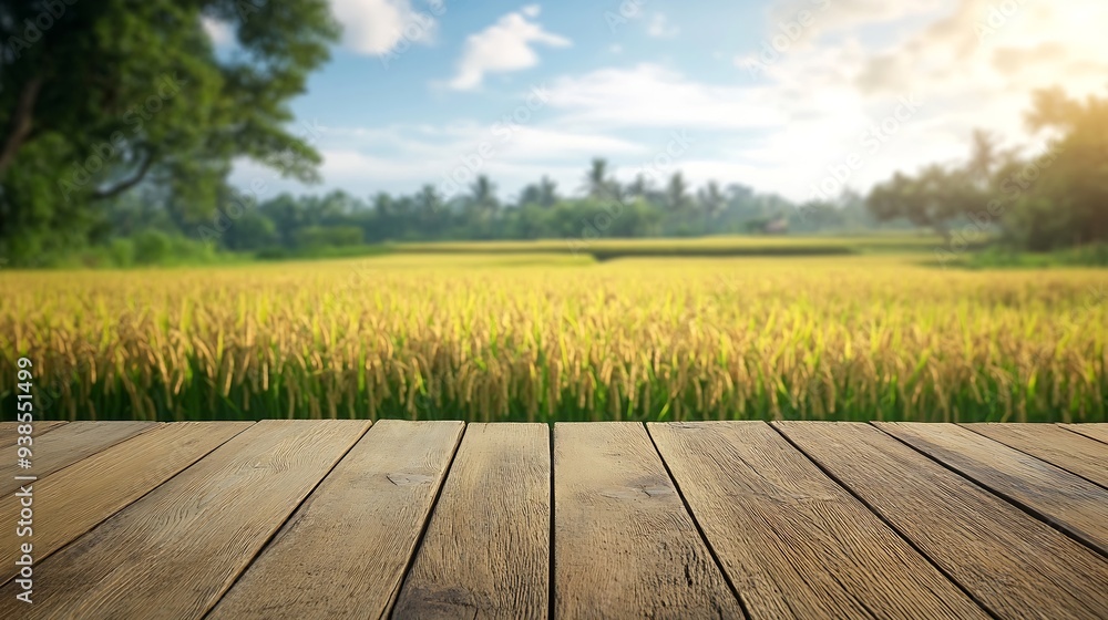 Fototapete wooden table top on blur rice field background in daytimeharvest rice or whole wheatfor montage prod
