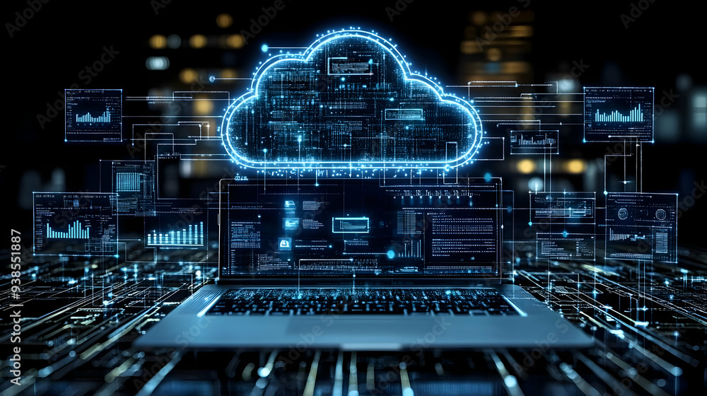 Aufkleber futuristic cloud computing concept with laptop and data flow.