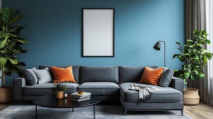 Creative composition of living room interior with mock up poster frame grey sofa black coffee table blue wall stylish furnitures decorations and personal accessories Template Home deco : Generative AI