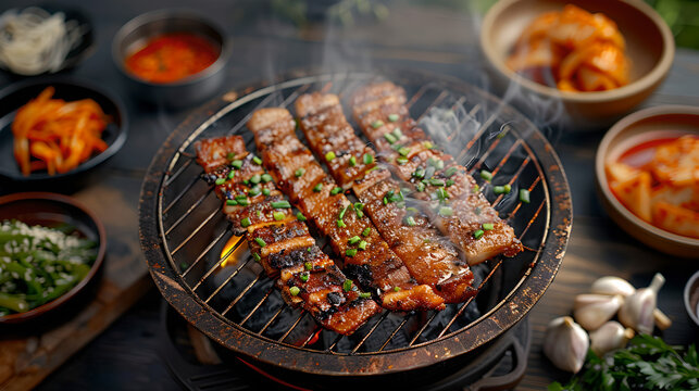Korean BBQ Grilled Pork Belly with Side Dishes