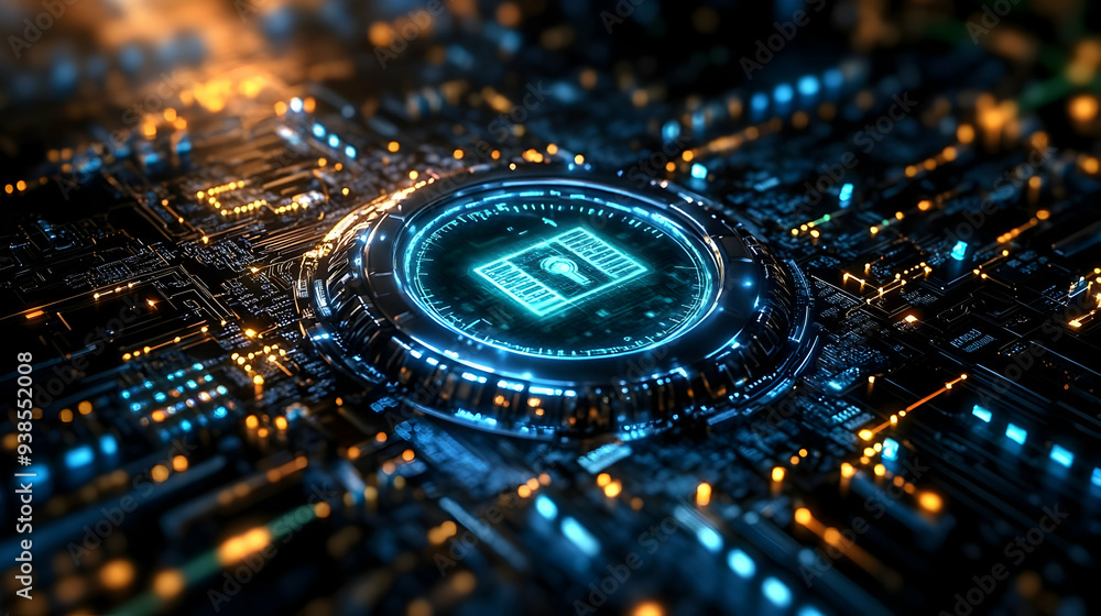 Poster futuristic cyber security concept with a glowing padlock symbol on a circuit board.
