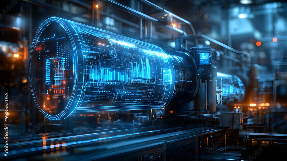 Poster futuristic data processing system with glowing blue digital displays.