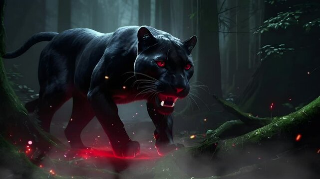A panther monster in the middle of a spooky misty fairy tale forest with a terrifying gaze. Seamless 4K looping timelapse video animation background