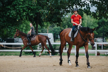 Two young riders are practicing their equestrian skills on horses at a ranch, embodying concentration and skill in a natural setting.