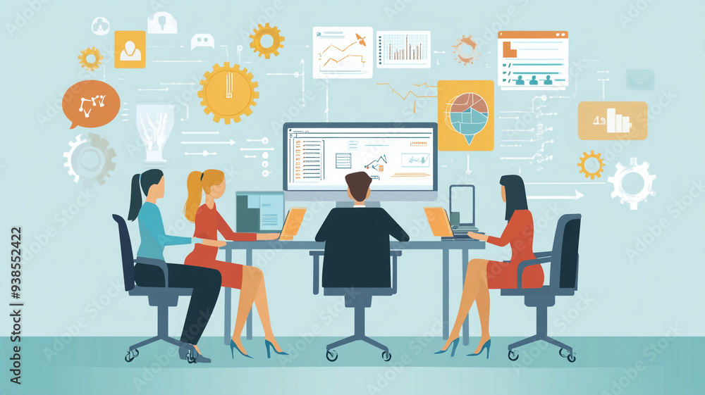 Poster collaborative team working together in a modern office setting with digital data visualization durin
