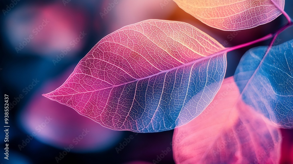 Poster Colorful transparent and delicate skeleton leaves : Generative AI