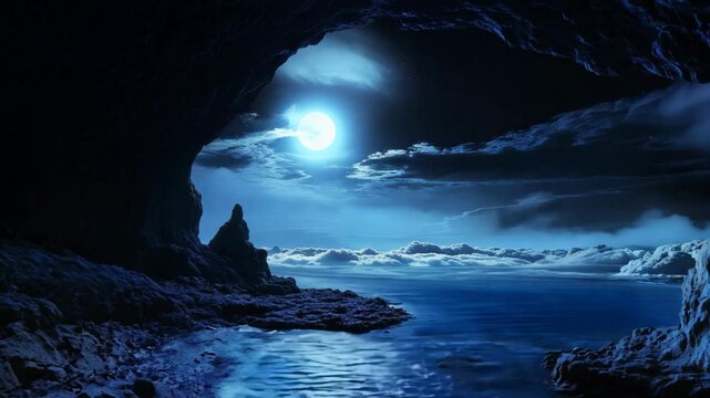 inside of the cave perspective full moon light shine over sea at night time