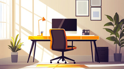 A bright and modern workspace filled with sunlight, featuring a sleek desk, vibrant plants, and a comfortable chair in the afternoon