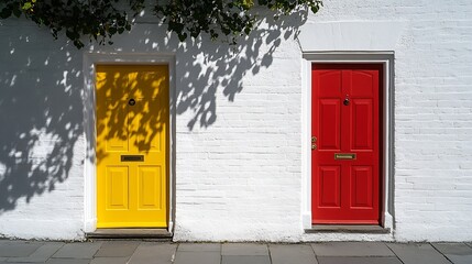 Red and yellow door side by side on white building facade basking in sunlight : Generative AI