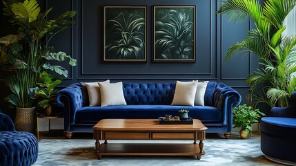Obraz premium Luxury interior with stylish velvet sofa wooden commode pouf plants carpet gold decoration copy space and elegant personal accessories Modern living room in classic house Template : Generative AI