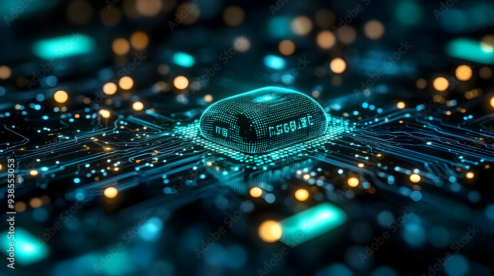Poster futuristic glowing processor chip on a circuit board.