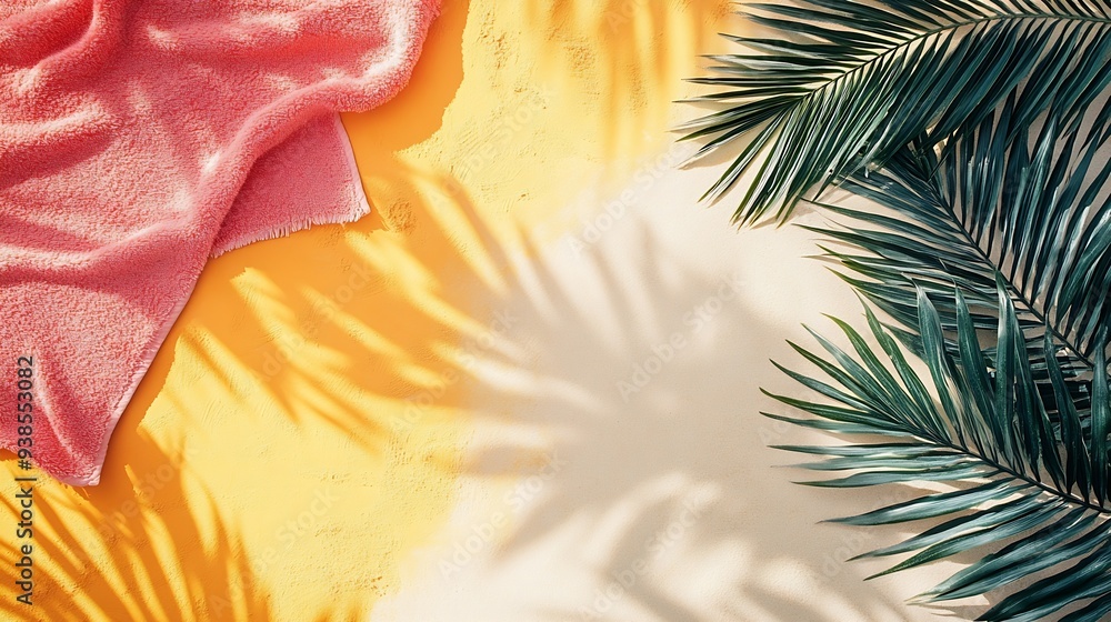 Poster summer pastel background top view beach towel on sand shadow of palm leaf sunlight summer beach day 
