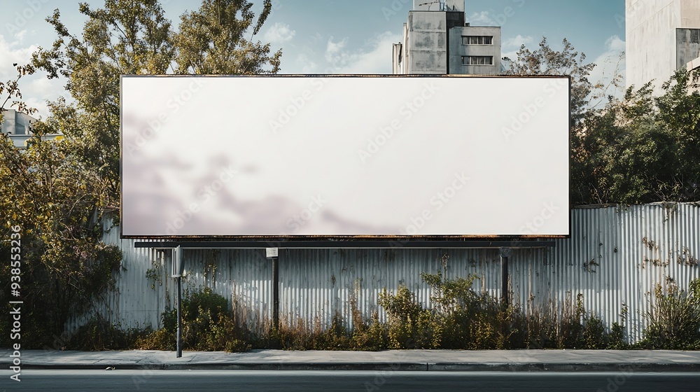 Aufkleber Advertisement blank long horizontal billboard with copy space for commercial info fixed on urban fence front view : Generative AI