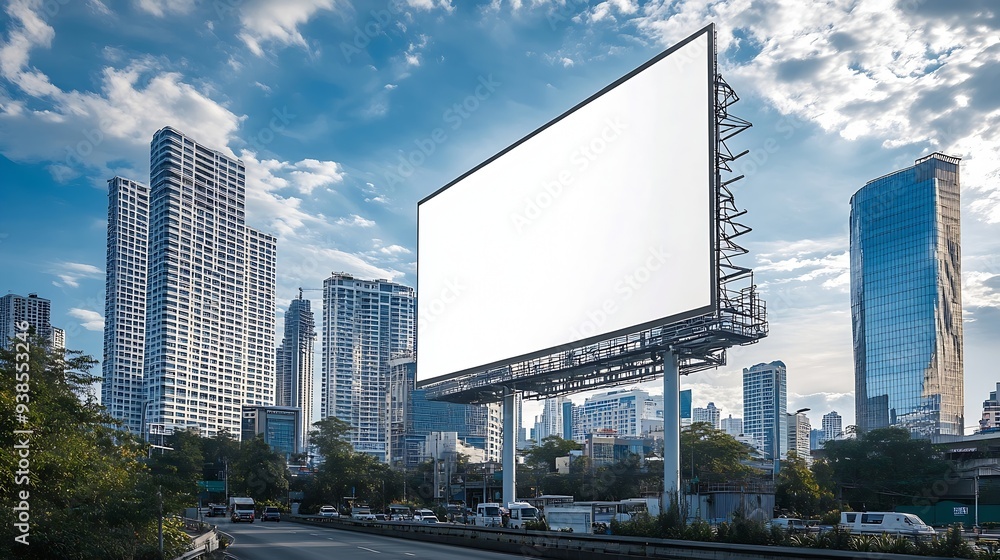 Poster large horizontal blank advertising poster billboard banner mockup in front of building in urban city