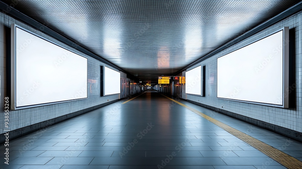 Poster three horizontal white billboards in an underpass of a railway station in switzerland : generative a