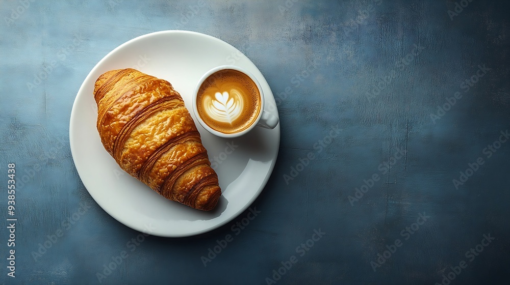 Poster concept of italian breakfast with caffe espresso and croissant top down view image : generative ai