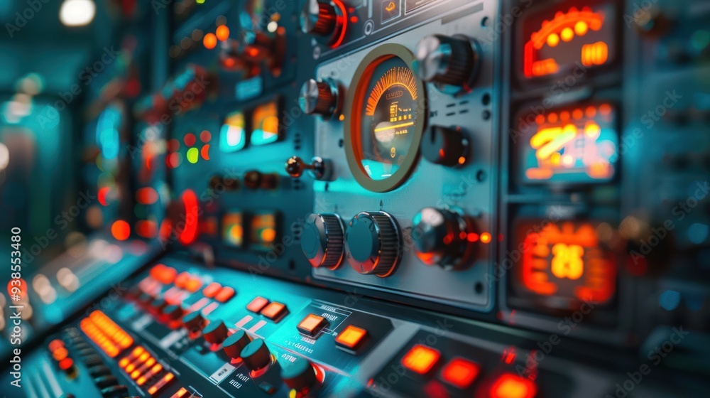 Poster closeup of a control panel with various gauges and buttons
