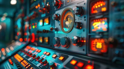 Obraz premium Closeup of a control panel with various gauges and buttons