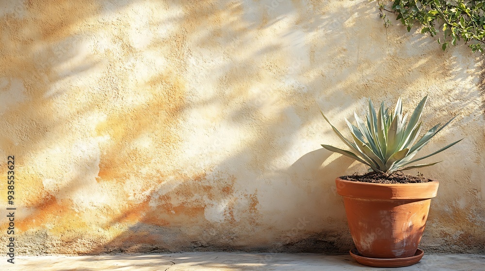 Aufkleber empty texture stucco wall with shade and aloe clay pot summer background with traditional home exter