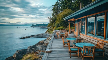 Sunrise Cove Lummi Island Washington beautiful beach house home exterior rocky landscape on a peaceful ocean bay in the Pacific Northwest large deck patio tables and chairs in colors o : Generative AI