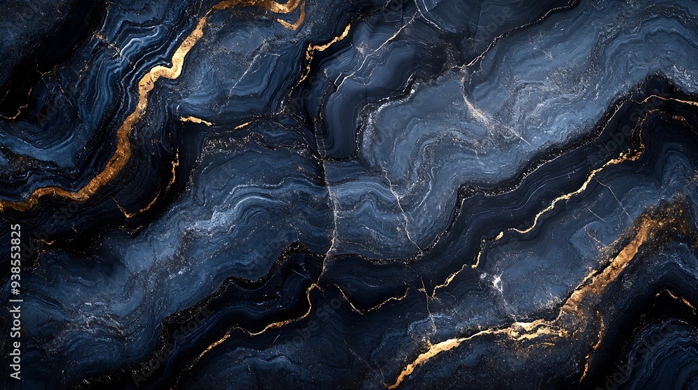 Poster Dark black and blue marble texture with natural pattern can be used as background for display or montage your products : Generative AI