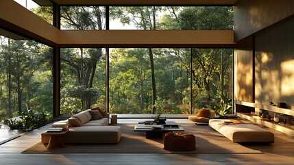 Fototapeta premium chic modern design of a dark expensive interior of a luxurious country house with huge panoramic windows and a magnificent view of the divine forest : Generative AI