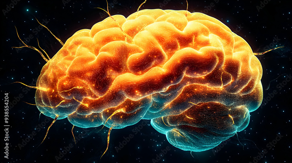 Poster glowing digital brain with intricate network of connections against a starry background.