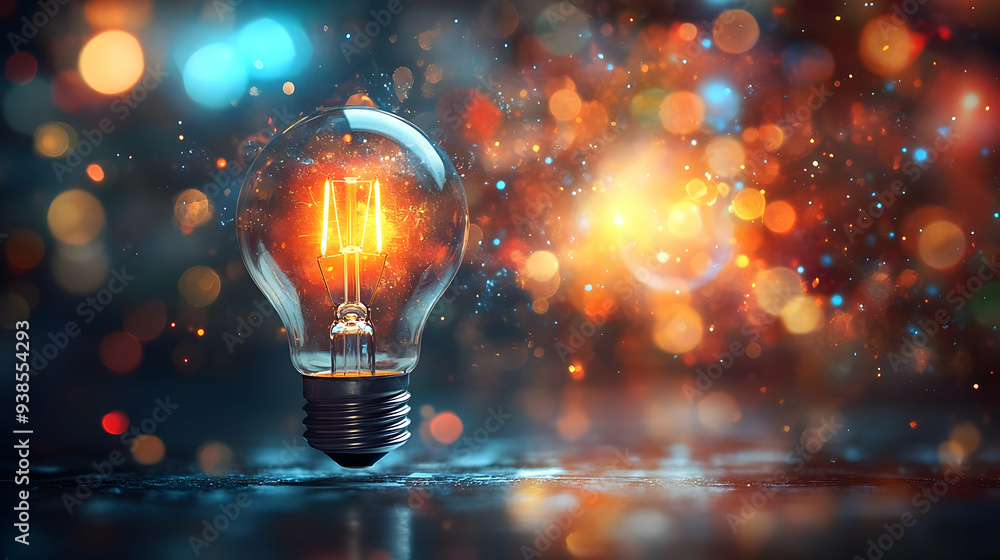 Poster glowing light bulb on dark background with bokeh effect.