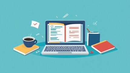 E-learning concept with a laptop open to an educational platform, surrounded by notebooks and coffee