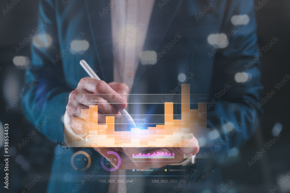 Aufkleber analyst holding smartphone analyse data chart investment and financial concept planning and strategy