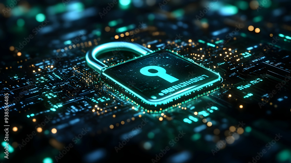 Poster glowing padlock on a circuit board representing cyber security.