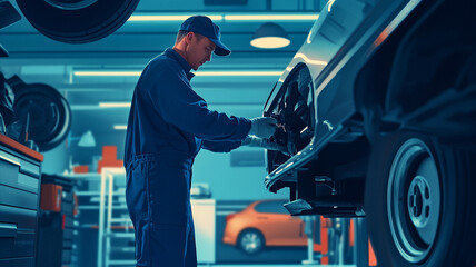 A skilled mechanic works diligently in a vibrant automotive workshop during the late evening hours, focused on a classic car restoration