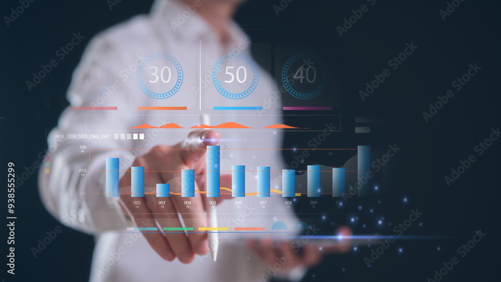 Aufkleber analyst holding smartphone analyse data chart investment and financial concept planning and strategy