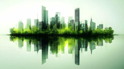 Obraz premium Green cityscape with reflection in water.