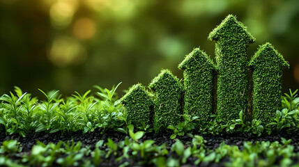 Green grass arrows pointing up against blurred nature background.