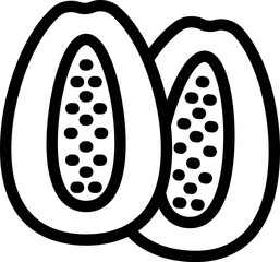 Simple black and white line art illustration of two papaya halves, with seeds visible