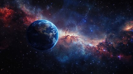 Obraz premium Earth floating in the darkness of space, surrounded by stars and a stunning galaxy