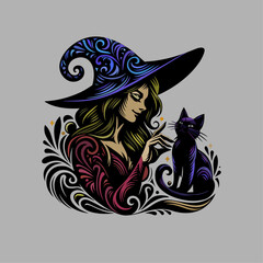 A beautiful witch with her cat, a vector illustration.