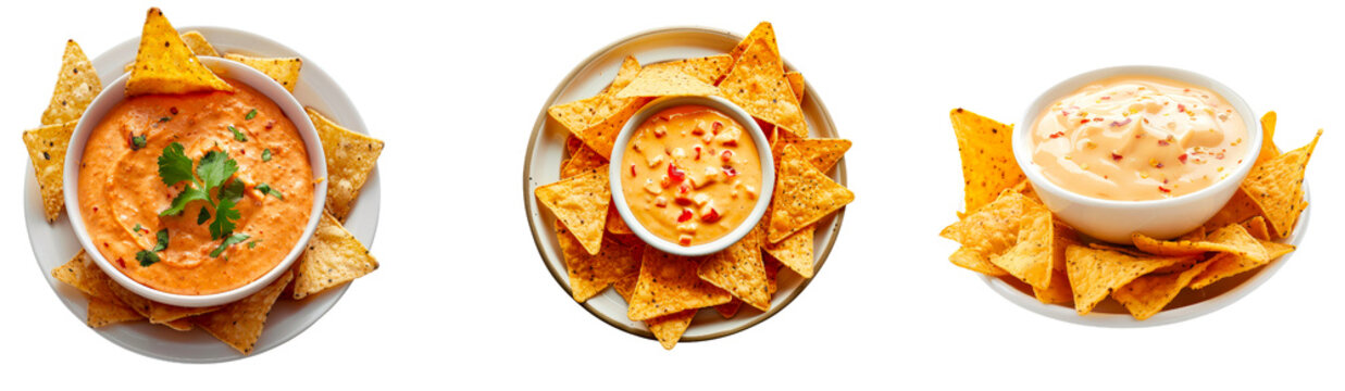 Set of a mexican nachos tortilla chips with chilli cheese sauce isolated on transparent background.