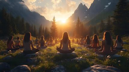 Group of people meditating in nature at sunset.
