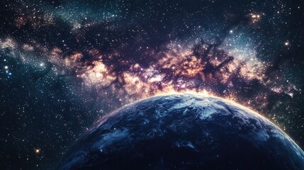 Obraz premium Earth glowing in the darkness of space, surrounded by stars and the vast Milky Way galaxy