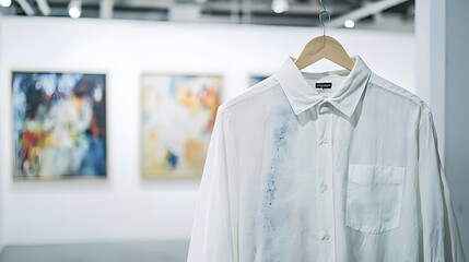 Art Imitates Life: A pristine white shirt, splattered with vibrant blue paint, hangs on display in an art gallery, blurring the line between creation and fashion. 